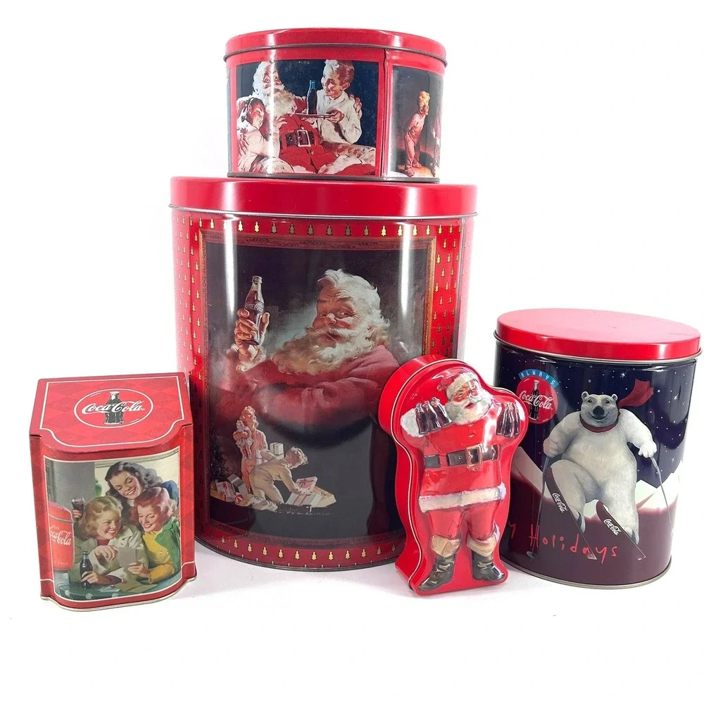 Vintage Coca-Cola Christmas Tins Set Santa Claus Polar Bear Holiday Decor 5pc